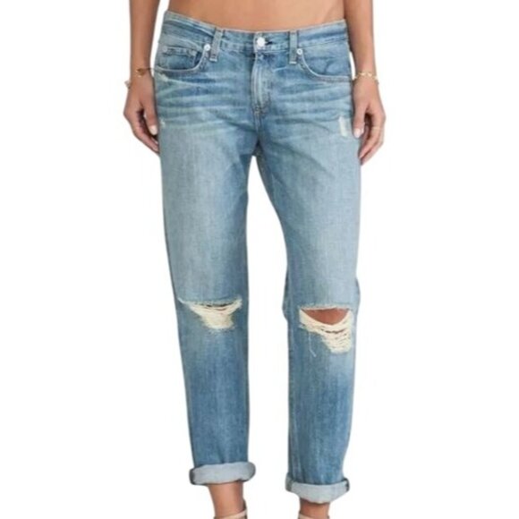 Rag & Bone Women's Boyfriend Jean Moss W/Holes Size 28 Medium Wash Cotton Denim - Picture 1 of 16